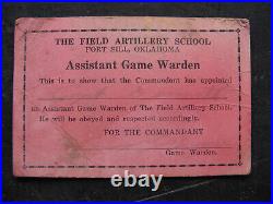 1920s FORT SILL IDENTIFICATION CARD Warden FIELD ARTILLERY SCHOOL RARE OKLAHOMA