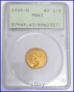 1925 D $2.50 Indian Head Quarter Eagle Gold Coin Pcgs Ms62 Old Green Holder