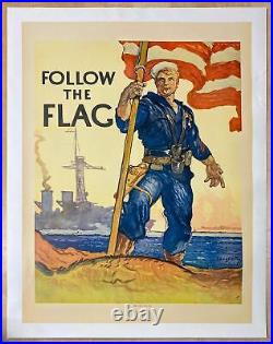 1931 Follow The Flag U. S Navy Recruiting Poster James H. Daugherty Vintage Linen