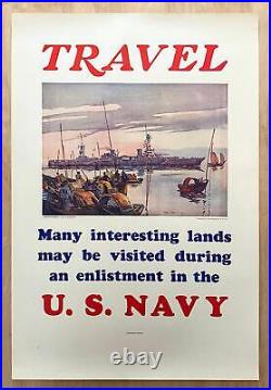 1935 Travel Many Interesting Lands In US Navy Poster Arthur Beaumont USS Houston