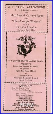 1935 U. S. Marine Copr Peking China Max Baer Carnera Boxing Program #6T