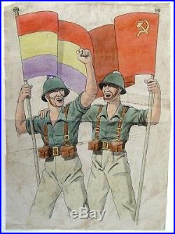1936 Original Art for a Spanish Civil War Propaganda Poster Soldiers with Flags