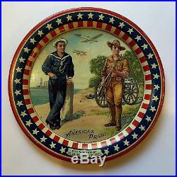 AMERICA'S PRIDE WW I SAILOR SOLDIER Cannon Plane Patriotic ANTIQUE TIP TRAY Rare