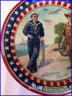 AMERICA'S PRIDE WW I SAILOR SOLDIER Cannon Plane Patriotic ANTIQUE TIP TRAY Rare