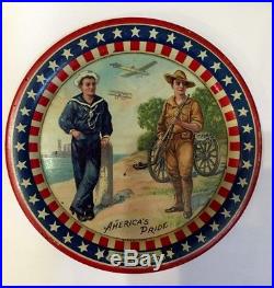 AMERICA'S PRIDE WW I SAILOR SOLDIER Cannon Plane Patriotic ANTIQUE TIP TRAY Rare