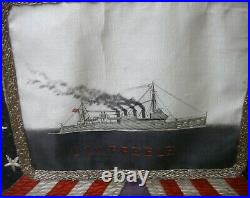 Fine CHINESE FRAMED EMBROIDERY-USS PREBLE Navy Cruise 1922-24-EAGLE & FLAGS