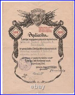 Latvia Liberation war Commemorative medal 1918-1920 + Certificate AH 1094
