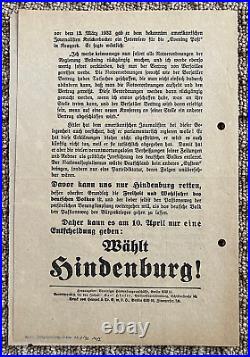 ORIGINAL HINDENBURG DEFEATS HITLER APRIL 10th 1932 ELECTION ELECTION PAMPHLET