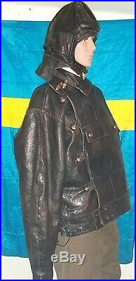 Original 1930s Swedish Big Size Military Motorcycle Police Leather Jacket XXXL