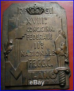 Original Fascist Bronze Plaque R. F. G. I. Sport Meeting In Milan Ff. Gg. C. Pnf 1937