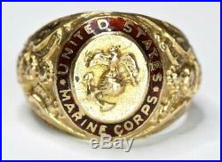 Pre-WWII United States Marine Corps Solid 10k Gold Droop Wing EGA Ring USMC Chin