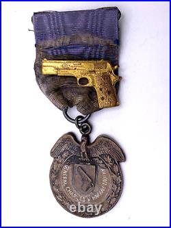 Rare 1937 Pre WW2 Gen. Charles Harrah medal with Colt Pistol adornment Sterling