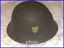 Rare Vintage Swedish M21(-18) Army steel helmet WW2 with Three Crowns & 2 Decals