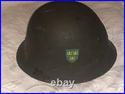 Rare Vintage Swedish M21(-18) Army steel helmet WW2 with Three Crowns & 2 Decals