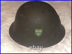 Rare Vintage Swedish M21(-18) Army steel helmet WW2 with Three Crowns & 2 Decals