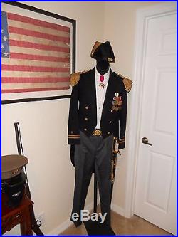 US NAVY Uniform WWI WWII with dress sword, bicorn hat, gold epaulettes