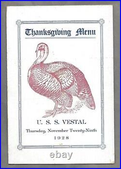 USS VESTAL AR-4 US Navy Repair Ship 1928 Thanksgiving Dinner Menu O. C. Dowling