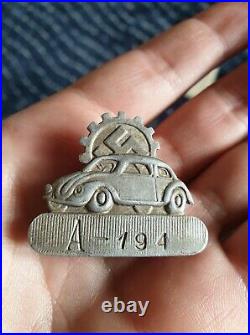 VW German Nazi KdF Original Factory employee badge pin Beetle Kafer Ser No A-194