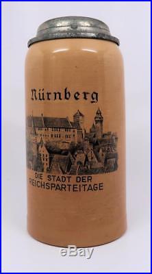 Vintage antique Nurnberg beer mug ceramic stein WW1 Imperial German Lowenbrau 1L