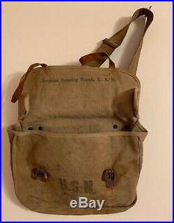 Vtg. WWI WWII USN US NAVY MEDICAL Stencil First Aid Kit Pouch Leather Strap Bag