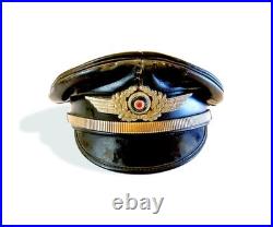 WW1-WW2 German Officer's Black Leather Muir Visor Cap, Strap + Wreath & Cockade