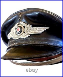WW1-WW2 German Officer's Black Leather Muir Visor Cap, Strap + Wreath & Cockade