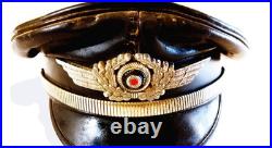 WW1-WW2 German Officer's Black Leather Muir Visor Cap, Strap + Wreath & Cockade
