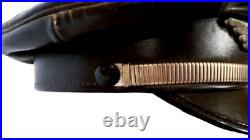 WW1-WW2 German Officer's Black Leather Muir Visor Cap, Strap + Wreath & Cockade