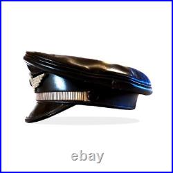 WW1-WW2 German Officer's Black Leather Muir Visor Cap, Strap + Wreath & Cockade