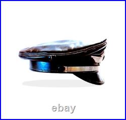 WW1-WW2 German Officer's Black Leather Muir Visor Cap, Strap + Wreath & Cockade