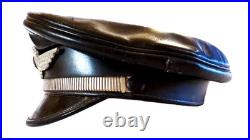 WW1-WW2 German Officer's Black Leather Muir Visor Cap, Strap + Wreath & Cockade