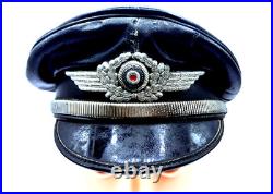 WW1-WW2 German Officer's Black Leather Muir Visor Cap, Strap + Wreath & Cockade