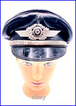 WW1-WW2 German Officer's Black Leather Muir Visor Cap, Strap + Wreath & Cockade