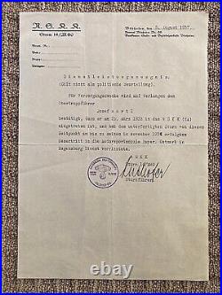 WW2 GERMAN MOTOR KORPS OFFICIAL'CERT of SERVICE LTR' SIGNED by STURMFUHRER 1937