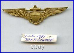 WWI Post WW1 USN US Navy Aviator Pilot Wing ID'ed-ROBBINS 1920's FEATHER DETAIL