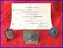 WWii GERMAN WOUND BADGE WithCERTIFICATE, BUCKLE AND WHW BADGE